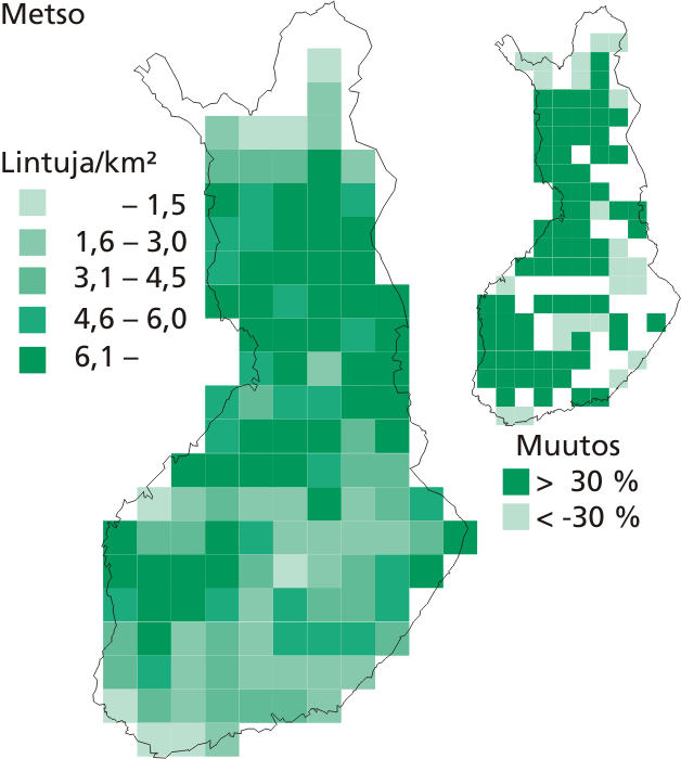 Metson keskimääräinen tiheys (lintuja/km² metsämaata) 50 x 50 km:n