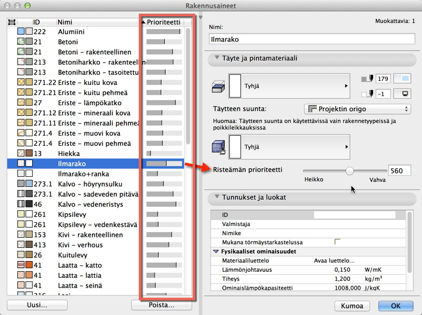 ALK. - 13 3. Tarkista elementtien rakennusaineiden Risteämien prioriteetit. Joillakin tuoduilla rakennusaineilla voi olla Risteämis prioriteettina 0=nolla.