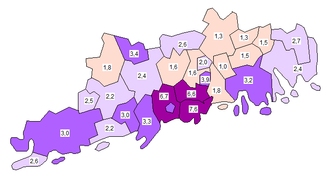 Share of foreign nationals among the population of the municipalities of Uudenmaa (%) in 2010 Kuntarajat: Tilastokeskus Askola 1,5 Espoo 6,7 Hanko 2,6 Helsinki 7,6 Vantaa 6,6 Hyvinkää 2,6 Inkoo 2,2