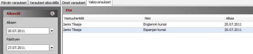 2.3 Omat varaukset -näkymä Omat varaukset -näkymässä voidaan selata ja käsitellä vain omia tilavarauksia valitulta aikaväliltä. 2.