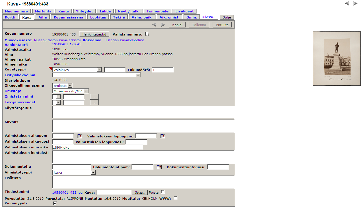 3.1.3. Musketti Valmistaja: Museovirasto Ohjelmiston nimi ja versio: Musketti v. 3.41 WebMusketti v. 2.