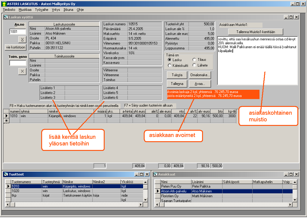 Asteri Laskutus (Win) Vuosipäivitys 22.4.2005 Atsoft Oy Mäkinen Malminkaari 21 B Puh.