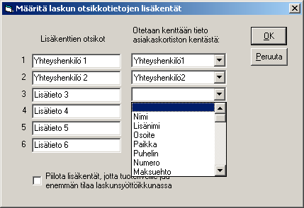 LASKUOTSIKOIDEN LISÄKENTÄT Laskunsyöttö-ikkunassa on laskun otsikkotiedoille kuusi uutta kenttää, Lisätieto 1.. Lisätieto 6, joihin voit syöttää vapaavalintaista tietoa, esim.