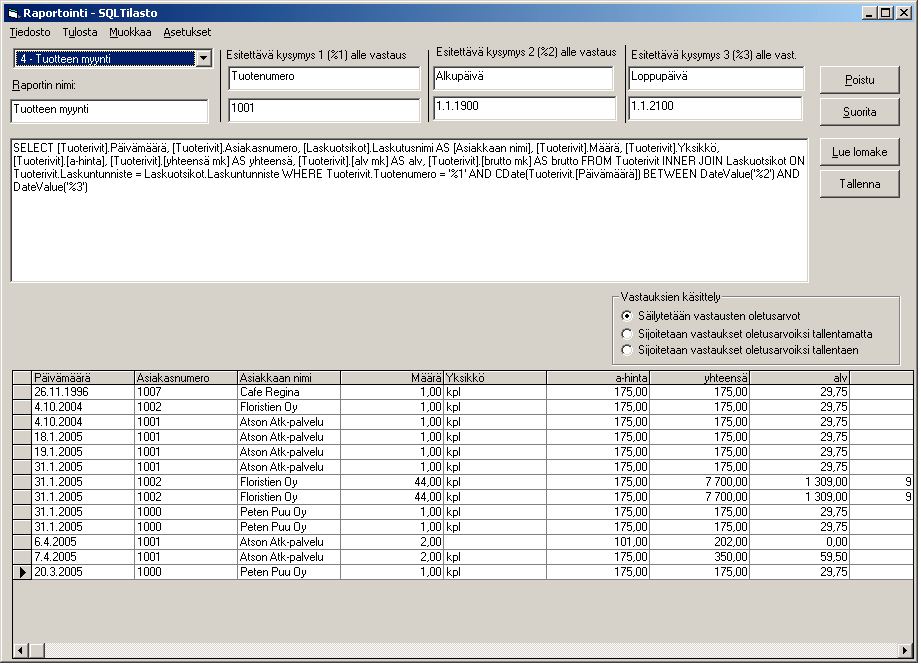 TILASTOT SQL-KYSELYTILASTOT Laskunsyöttötilassa Tilasto Kyselytilastot (SQL) toiminnolla voit määritellä 40 kpl omia SQL-kyselyitä, jotta saisit juuri tarvitsemiasi tilastoja.