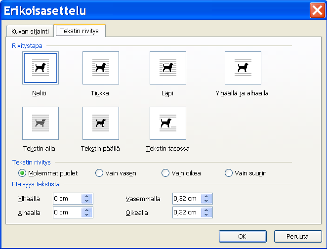 Rivitystapa ja kuvan siirtäminen Kuvan koko Oletuksena kuva on tekstiin sidottu, mikä aiheuttaa sen, ettei kuvan siirtäminen hiirellä vetämällä onnistu.