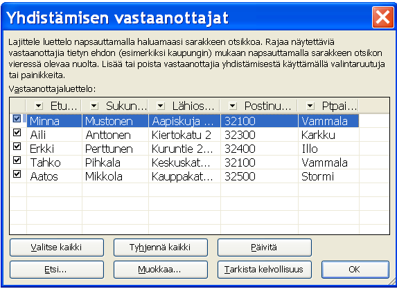 Seuraavaksi ohjelma pyytää tietoa aloitusasiakirjasta. Meillä joukkokirjeenä käytettävä asiakirja on jo avoinna, joten valitsemme kohdan Käytä nykyistä asiakirjaa (Use the current document).