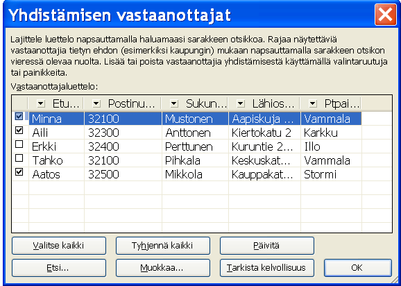 Seuraavaksi ohjelma tuo näyttöön asiakirjan, jossa on oma kirjeensä jokaiselle valitulle rekisterin tietueelle. Tämän kirjeen voi tallentaa, jolloin se on sellaisenaan käytettävissä myöhemminkin.