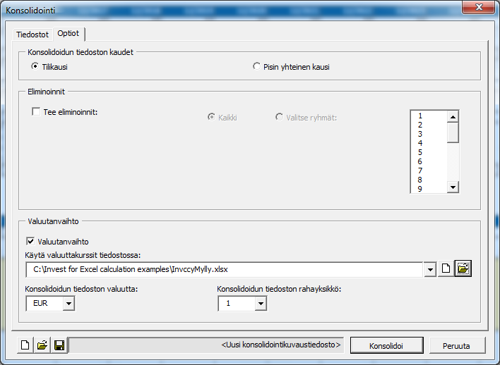 4.7.4.3 Konsolidointi ja valuutanvaihto Kun konsolidoit tiedostoja käyttäen valuutanvaihtoa, rastita Valuutanvaihto Konsolidointivalintaikkunan Optiot-välilehdellä.