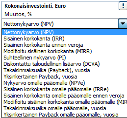 5.3 Kokonaisinvestointi Kokonaisinvestoinnin vaikutus investoinnin kannattavuuteen näkyy hyvin, kun syötät taulukkoon eri investointisummia. Ohjelman oletusarvot ovat ± 10/20%.