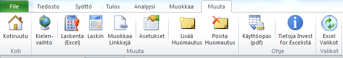 7 Muuta 7.1 Kotiruutu Kotiruutu on Invest for Excelin käynnistysikkuna. Käytä sitä valikkona, josta pääset nopeasti lähes mihin tahansa ohjelman osaan. 7.2 Kielenvaihto Kielenvaihtotoiminto on hyvin käyttökelpoinen, kun haluat vaihtaa Invest for Excel-tiedostossa käytettyä kieltä.