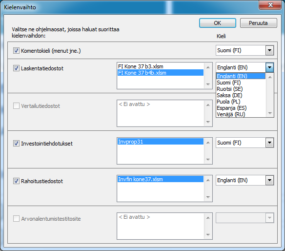 Voit myös vaihtaa Invest for Excelissä käytettyä komentokieltä (valikot jne.): : Valitse ne ohjelmaosat, joiden kieltä haluat vaihtaa.