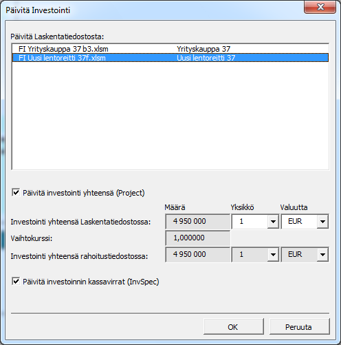 Laskelman luvut Valitse investointi- ja rahoitustiedoston lukujen tarkkuus ja valuutta synkronointia varten.