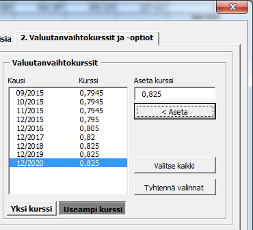 Huomaa, että valuuttamuunnoksessa vain solujen arvot muunnetaan; kaavoja ei muuteta. Tämän seurauksena, esim. kaava =13000+5500+27000 säilyy muuttumattomana.