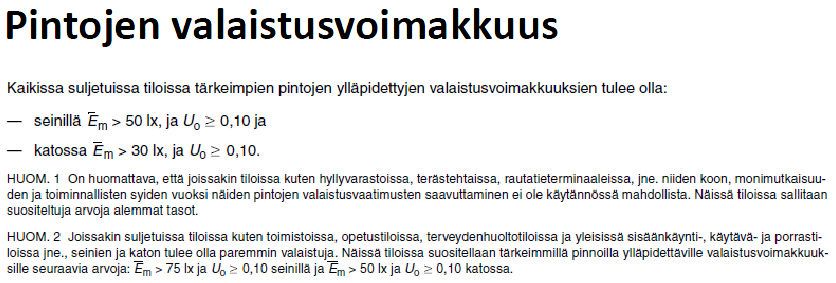 SFS-EN-12464 standardi Yhteiseurooppalaiset valaistussuositukset EN 12464-1 Työturvallisuuslain (738/2002) mukaan työpaikalla tulee olla työn edellyttämä ja työntekijöiden edellytysten mukainen