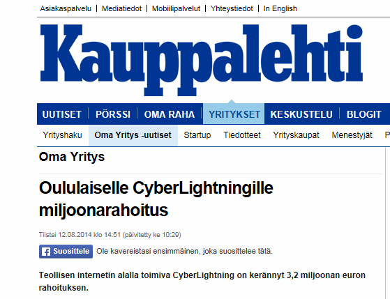 12.8.2014 CyberLightning voi kasvaa johtavaksi toimijaksi teollisen internetin alueella, monimutkaisen tiedon