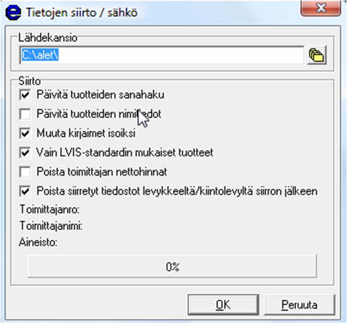 7.2 Tukkuliikkeiden hinnastojen ja alennusten siirto Ecomiin Kun liitetiedosto on kopioitu oikeaan kansioon (esimerkissä c:\alet), voidaan Ecomissa aloittaa tietojen siirto.