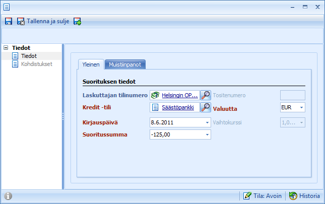 CSI Professional 2.0 Käyttöohje 121 (/129) Maksunpalautusikkunassa valitaan kirjanpidontili ja tarkastetaan, että palautuspäiväys on samassa kuussa kuin lasku.