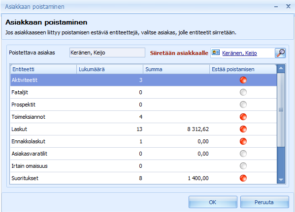 CSI Professional 2.0 Käyttöohje 42 (/129) Jos tietoja löytyy, näkyy tiedon kohdalla Estää poistamisen -kentässä punainen pallo.