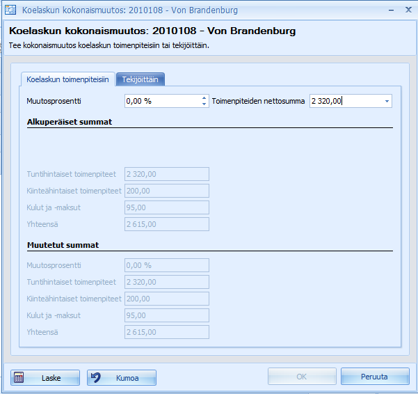 CSI Professional 2.0 Käyttöohje 59 (/129) Kertamuutos voidaan tehdä antamalla haluttu prosenttiluku tai vaihtoehtoisesti voidaan käsin muuttaa suoraan toimenpiteiden nettoloppusummaa.