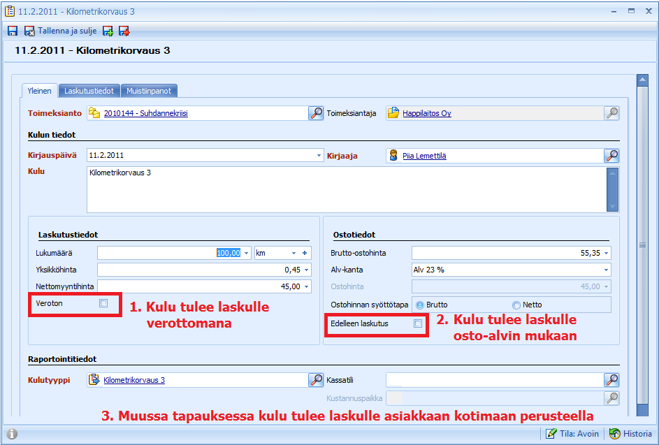 CSI Professional 2.0 Käyttöohje 68 (/129) 6.2 Kulujen kirjaaminen Kulut kirjataan joko Toimeksianto ikkunassa Kulut alakansiossa, tai nykyään myös Taloushallinto-alueella Kulut-kansiossa.