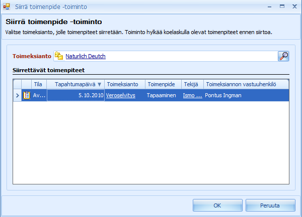 CSI Professional 2.0 Käyttöohje 71 (/129) Kun kenttään on haettu oikea toimeksianto, valitaan OK. Yhteenvetoikkunassa selviää kullekin riville erikseen, onko siirto onnistunut.