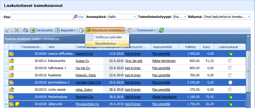 CSI Professional 2.0 Käyttöohje 75 (/129) Jos valitaan Kausilaskutus, tulee koelaskulle mukaan ne avoimet toimenpiteet ja kulut, joiden tapahtumapäivä sijoittuu annetulle laskutuskaudelle.