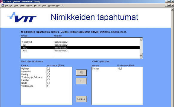 Kuva 14. Tapahtumien liittäminen nimikkeisiin. Näyttöjen kuvia on enemmän liitteen 4 käyttöohjeessa.