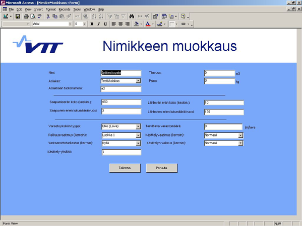 Nimikkeen tietojen muokkaus Kenttien selitykset: Kuva 5. Nimikkeen muokkaus. Nimi: Nimikkeen nimi. Asiakas: Asiakkaan nimi. Asiakkaan tuotenumero: Asiakkaan ilmoittama tuotenumero.