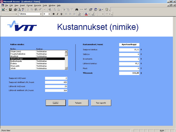 Nimikkeiden kustannukset Kuva 7. Laskenta 1 (Nimikkeen kustannukset). Kenttien selitykset: Saapuva toimitus: Nimikkeen saapuvien rivien kustannukset vuodessa. Ei sisällä tilauskohtaisia kustannuksia.