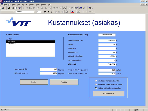 Asiakkaiden kustannukset Kuva 8. Laskenta 2 (Asiakkaan kustannukset). Kenttien selitykset: Saapuvat toimitukset: Asiakkaan saapuvien toimitusten kustannukset vuodessa.