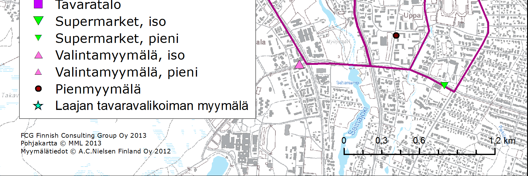 FCG SUUNNITTELU JA TEKNIIKKA OY Loppuraportti 38 (73) Ydinkeskustan ja Ratapihan alueella on kaupan kerrosalaa yhteensä noin 90 500 k-m 2, josta noin 86 000 k-m 2 on päivittäistavarakauppaa ja muuta