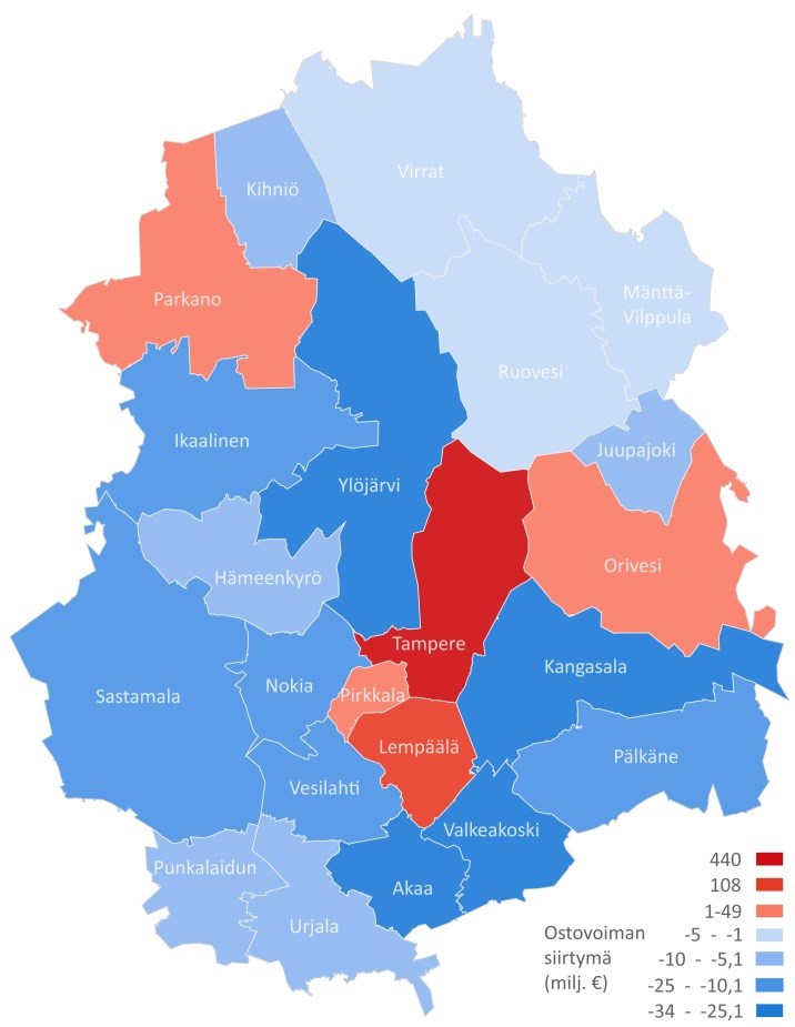 Kuva 38. Autokaupan ja huoltamotoiminnan ostovoiman siirtymä seutukunnittain 2011.