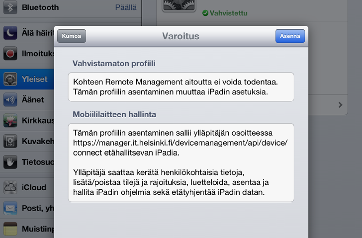 Profiilin asennuksen jälkeen ipadilla voi käyttää myös helpommin langatonta verkkoa, turvallista eduroam-verkkoa. 1. Käynnistä Safari ja kirjoita sen osoitekenttään bit.ly/19l0wdu tai https://manager.