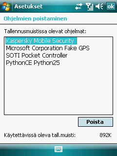 K A S P E R S K Y M O B I L E S E C U R I T Y 9. 0 M I C R O S O F T W I N D O W S M O B I L E - K Ä Y T T Ö J Ä R J E S T E L M Ä L L E b. Valitse Ohjelmien poistaminen Järjestelmä-välilehdeltä (ks.