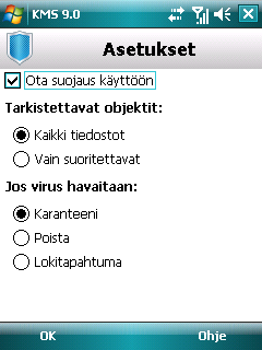 K A S P E R S K Y M O B I L E S E C U R I T Y 9. 0 M I C R O S O F T W I N D O W S M O B I L E - K Ä Y T T Ö J Ä R J E S T E L M Ä L L E Viruksentorjunta-valikosta.