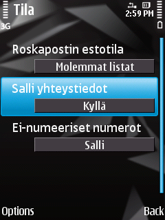 K A S P E R S K Y M O B I L E S E C U R I T Y 9. 0 S Y M B I A N O S : LLE Jos haluat, että Roskapostin esto suodattaa tekstiviestejä asetetun Roskapostin estotilan perusteella, valitse arvoksi Ei.