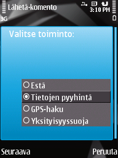 K A S P E R S K Y M O B I L E S E C U R I T Y 9. 0 S Y M B I A N O S : LLE 3. Valitse Tietojen pyyhintä -komentotyyppi ja paina sitten Seuraava (ks. alla oleva kuva).