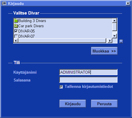 Suomi Divar -ohjauskeskus Käyttöopas Aloittaminen FI 6 Kirjautuminen Kun käynnistät Control Center -sovelluksen, Login (kirjautuminen) -ikkuna tulee esiin.