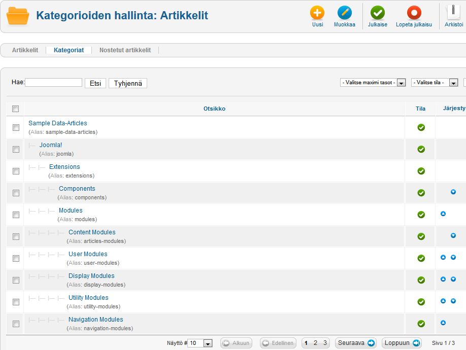 13 (30) Kuva 5: Kategorioiden hallintapaneeli 4.2 Joomlan lisäosat Joomlassa voi käyttää kolmenlaisia eri lisäosia, joita ovat komponentit, moduulit ja liitännäiset.
