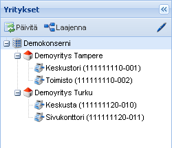 3 Käyttöliittymä 3.1 Konsernipuu Päänäkymän vasemmassa laidassa näkyvä konsernirakenne muodostuu automaattisesti kun päätteet/myymälät lähettävät tapahtumia palveluun.