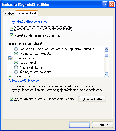 25 10.1.1 Käynnistä valikon asetukset Käynnistä-valikon kuvakkeiden kokoa, näkyvien ohjelmien määrän ym. voi muuttaa. 1.Napsauta Käynnistä -painikkeen päällä hiiren oikeaa painiketta. 2.