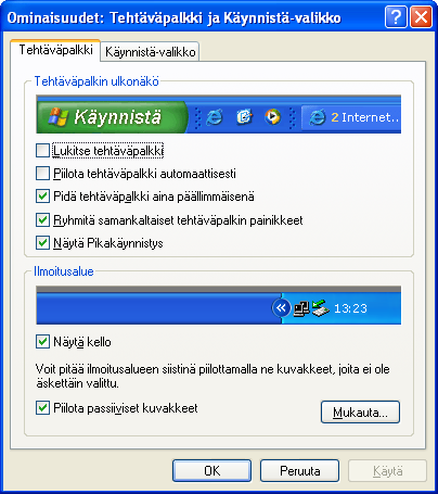 26 10.2 Tehtäväpalkin mukauttaminen Napsauta hiiren Käynnistä -painikkeen päällä kakkospainikkeella ja valitse pikavalikosta Ominaisuudet.