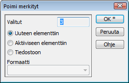 7.5 Poimi merkityt Poimi merkityt -toiminnolla voidaan kopioida ryhmässä olevia pisteitä uuteen tiedostoon, aktiiviseen elementtiin tai halutulla formaatilla kirjoitettavaan tiedostoon.