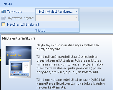 10.12.2008 Office 2007-koulutusmateriaali KRTT Oulu Kimmo Rousku dia 71 Valitse Diaesitys-välilehden Näytöt-ryhmässä Näytä esittäjänäkymä.