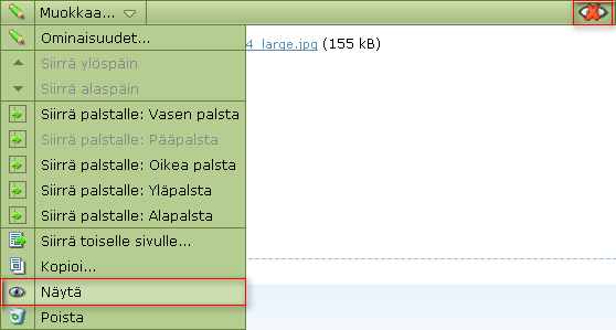 2.8.2 Sivunosa Piilottaminen Voit piilottaa sivunosan valitsemalla toimintopalkista Piilota. Kuva 2.8.6: Sivunosan piilottaminen.