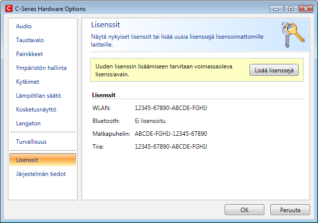 Lisenssin lisääminen: 1. Napsauta Lisää lisenssejä. 2. Kirjoita uusi lisenssi Anna lisenssi -ruutuun ja napsauta sitten Lisää.