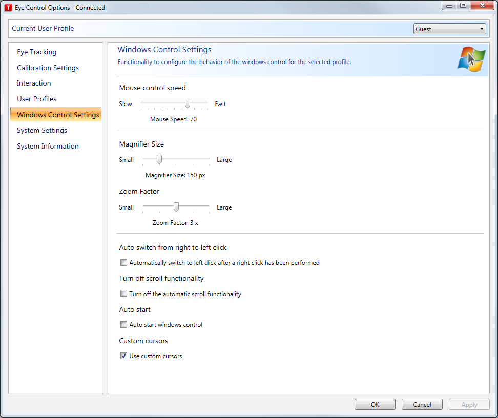 6.2.17 Windows-ohjauksen mukauttaminen Windows-ohjaus voidaan mukauttaa seuraavia vaiheita noudattamalla: Avaa Tobii Eye Control Options > Windows-ohjauksen asetukset.