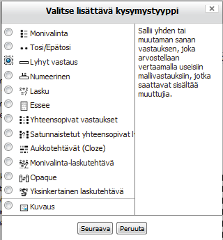 143 Lyhyt vastaus 1. Valitse kysymystyypiksi Lyhyt vastaus. 2. Napsauta Seuraava. 1. 2. 3. Yleisissä asetuksissa a. Kirjoita Kysymyksen nimi. b. Kirjoita Kysymysteksti. c. Kirjoita Oletuspisteet. d.