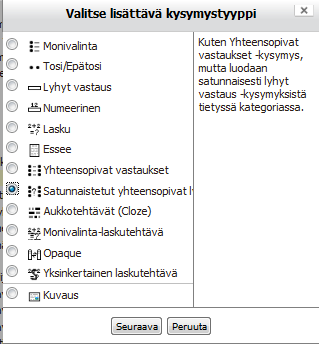 156 Satunnaisesti yhteensopivat vastaukset (poistumassa 2.2 versiossa?) Satunnaisesti yhteensopivat vastaukset luodaan lyhyt vastaus kysymyksistä valitusta kategoriasta.