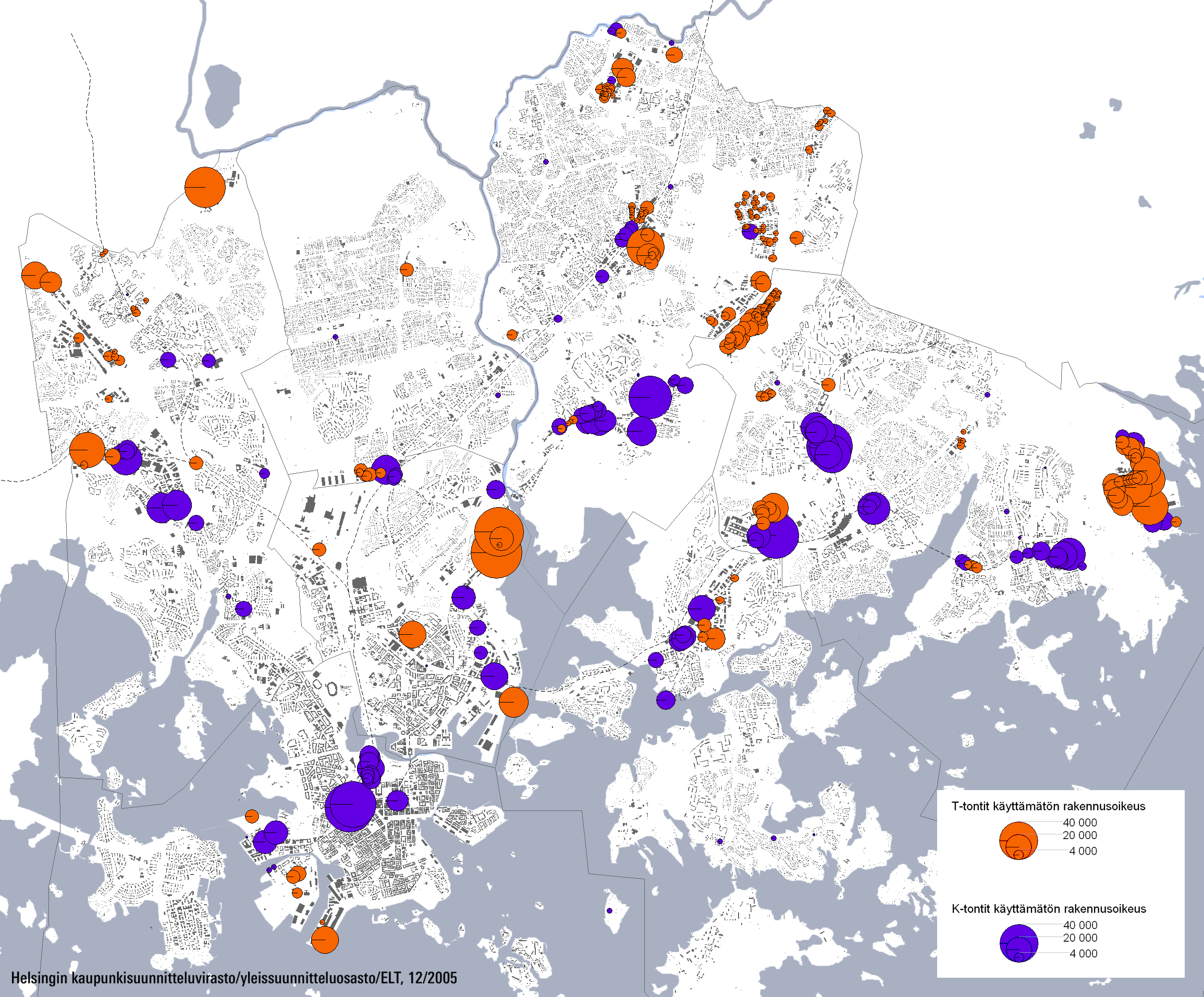 Käyttämätön rakennusoikeus Helsingin T- ja K-tonteilla 2005. alueelle, jonne on tulossa vielä useita julkisen hallinnon sekä palvelujen hankkeita.